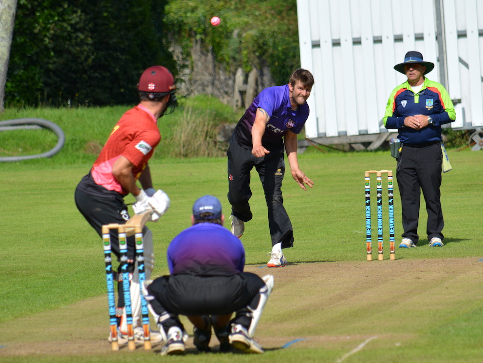 Cullompton's Jason Parr bowling to Stoke Gabriel captain Jake Robinson<br>credit: Conrad Sutcliffe - no re-use without copyright owner's consent