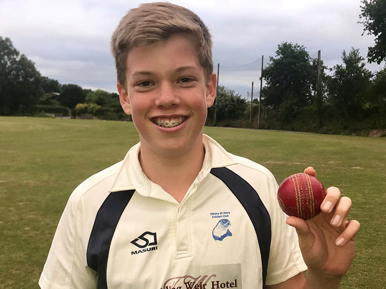 Max Mayor with the match ball he will keep as a souvenir after claiming six wickets for no runs in Ottery U14sâ€™ win over Thoverton<br>credit: Mark Tyler