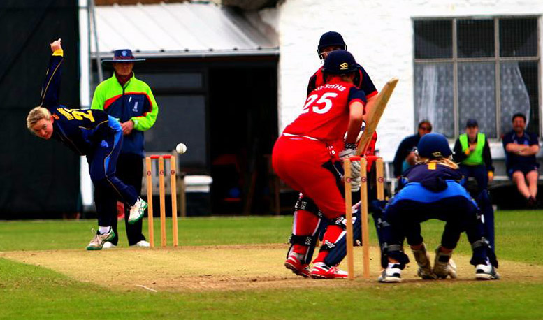 Emily Edgcombe bowling against Wales