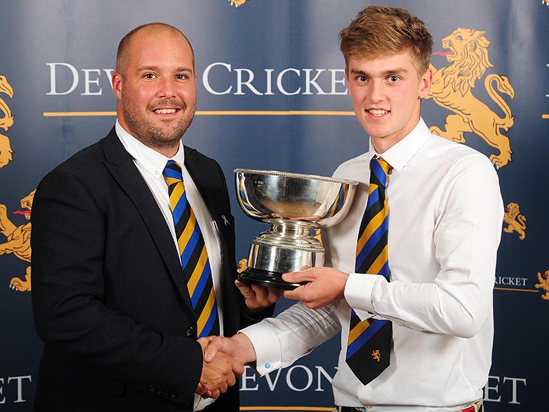 Sandy Allen presents Tom Lammonby with the Buller Bowl<br>credit: http://www.ppauk.com/event/Devon-Youth-Cricket-Awards-Exeter-UK-6-Oct-2017/