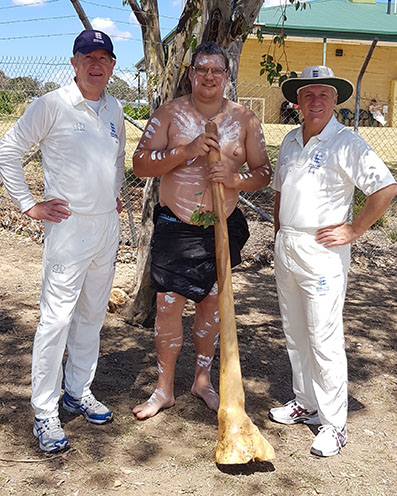 Nigel Ashplant (left) and Richard Merriman (right) welcomed to the ground by Vince Bulger before the game against ACT