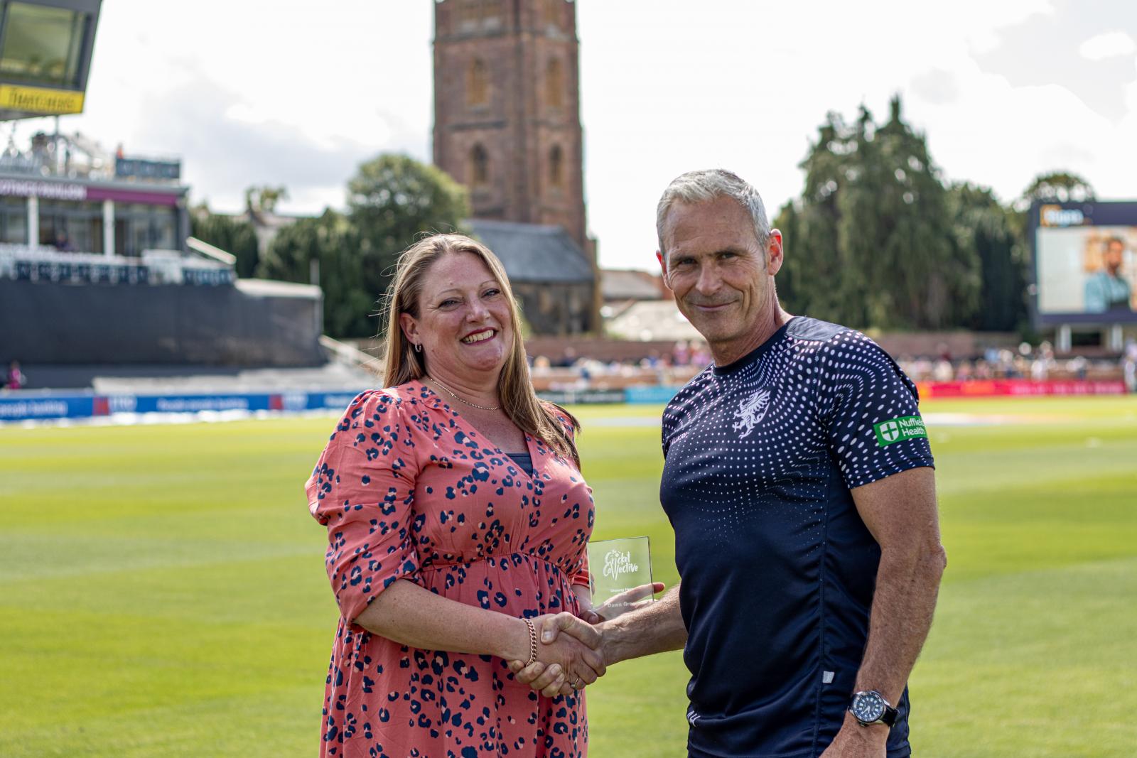 Dawn Green receives her award at the Cooper Associates County Ground.