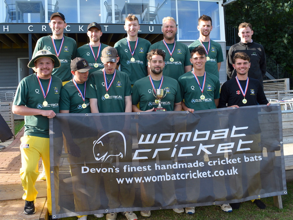 The victorious Bovey Tracey team pose with competition sponsor Harry Solomon of Wombat Cricket (back right) after beating Sandford in the final<br>credit: Conrad Sutcliffe - no re-use without copyright owner's consent